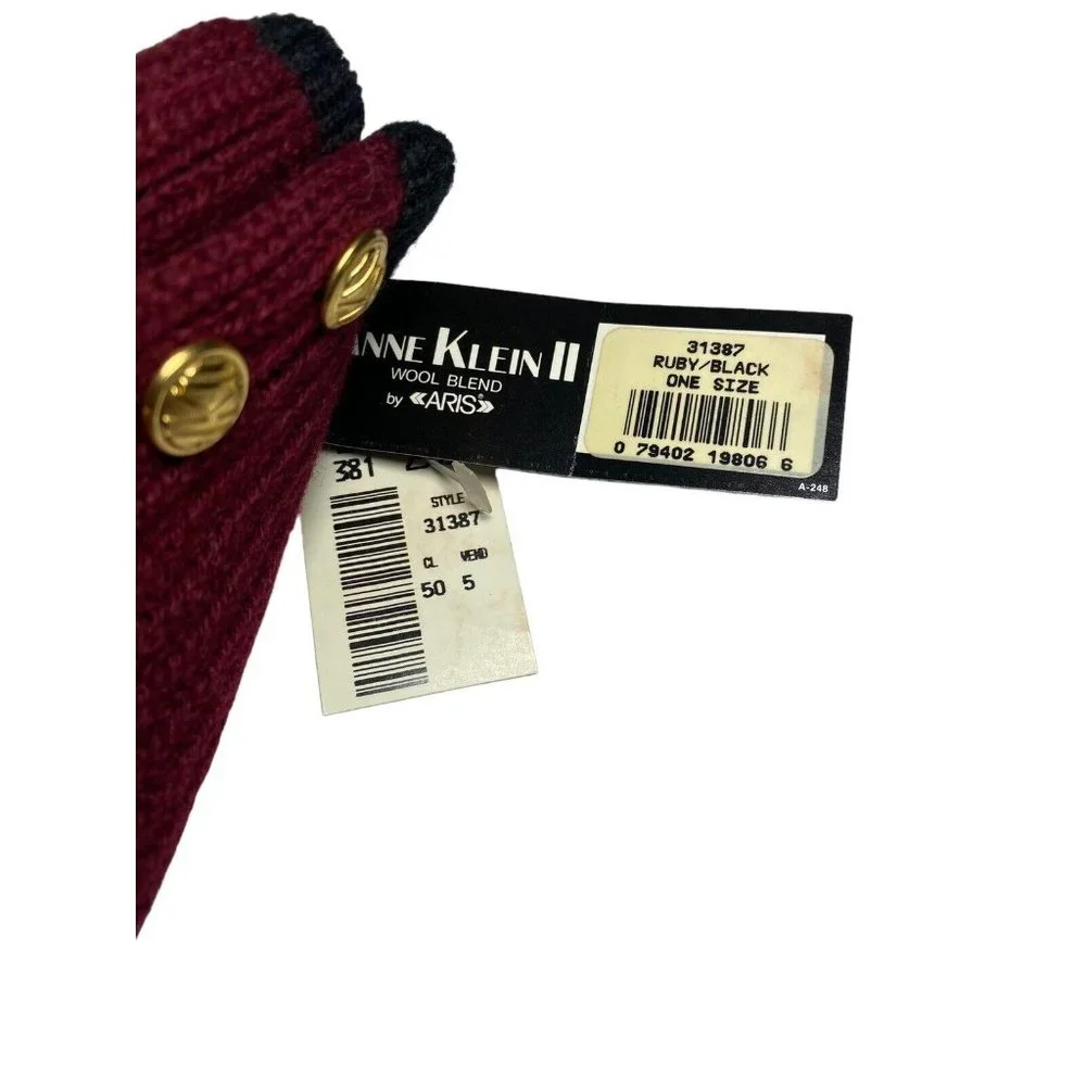 Anne Klein Aris Red Black Wool Knit Gloves Long Gold Button‎ NWT